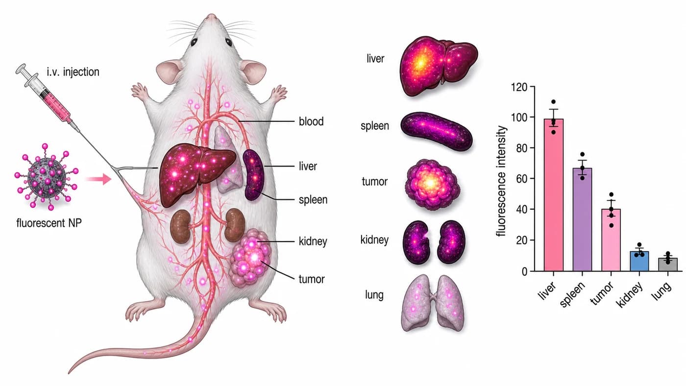 Fluorescent nanoparticles distributed across liver, spleen, and tumor tissue
