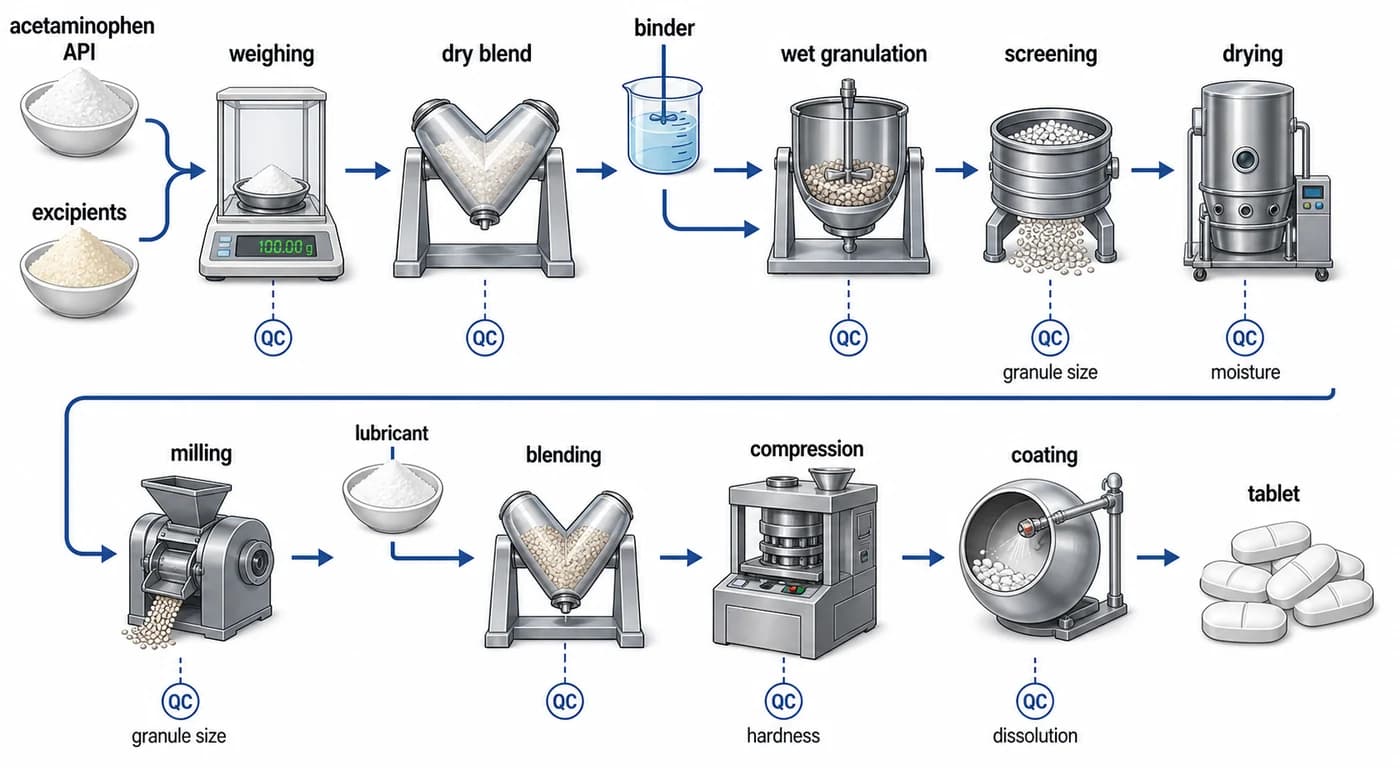 Wet granulation process for acetaminophen tablet manufacturing