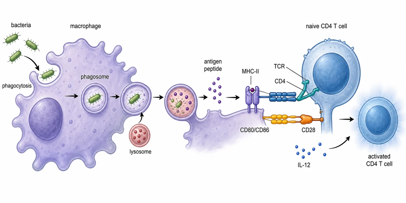 Macrophage phagocytosis of bacteria followed by CD4 T cell activation