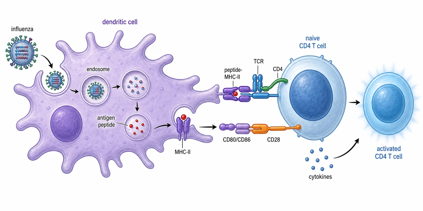 Dendritic cell presentation of influenza antigen to CD4 T cells through MHC-II