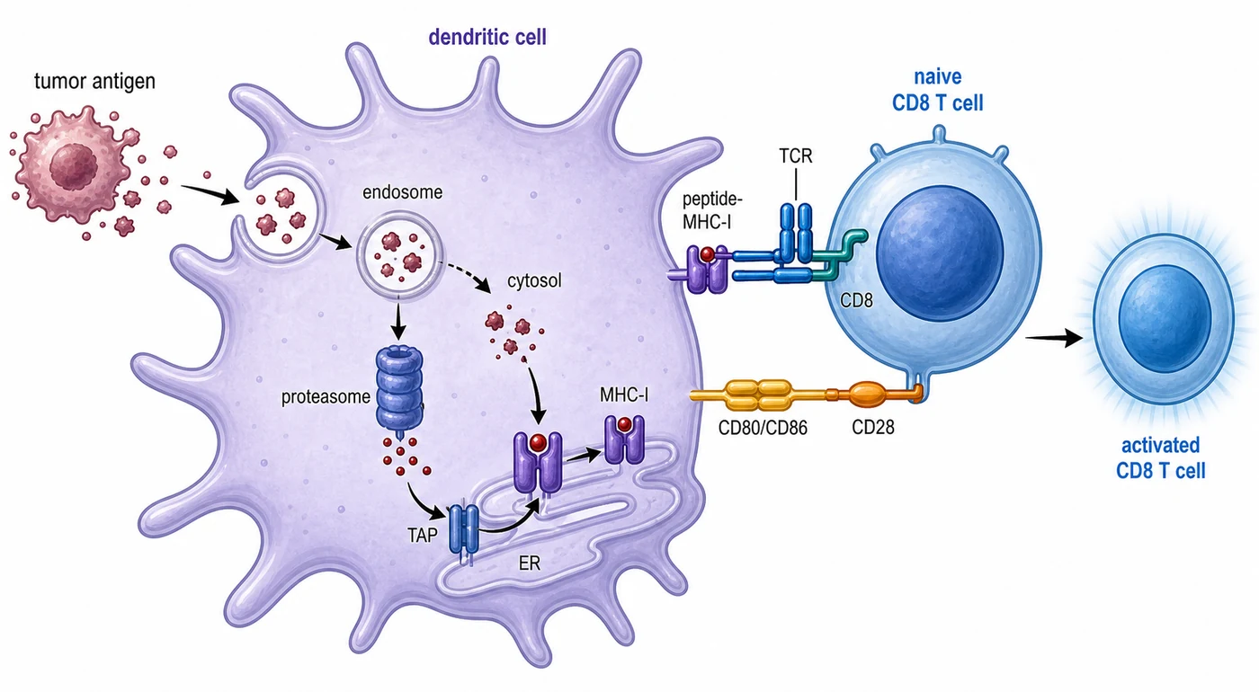 Cross-presentation of tumor antigen on MHC-I to activate CD8 T cells