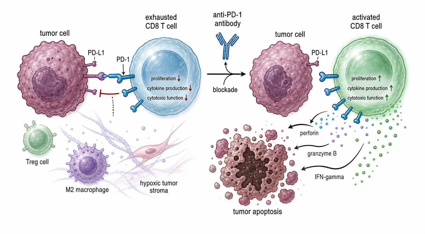 PD-1/PD-L1 blockade restoring exhausted T cell tumor killing