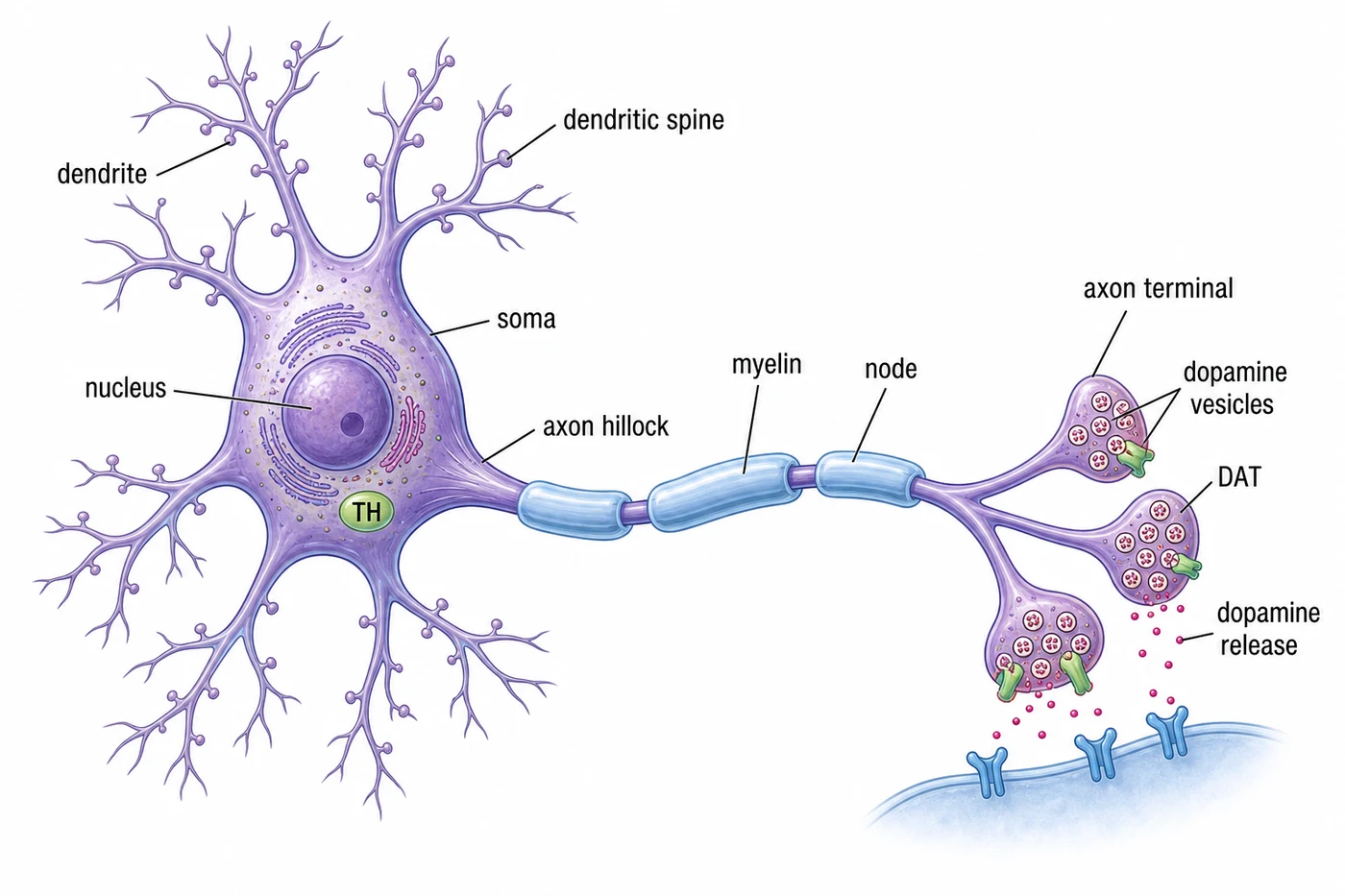 Dopaminergic neuron soma, axon, and dendritic spine structure