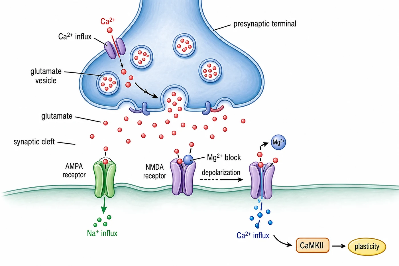 Glutamate release and AMPA/NMDA receptor activation