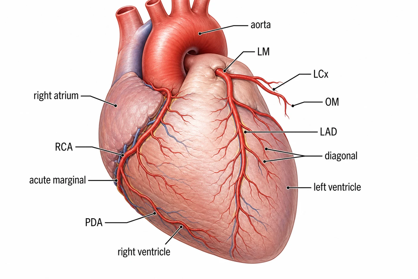 Left and right coronary artery anatomy of the human heart