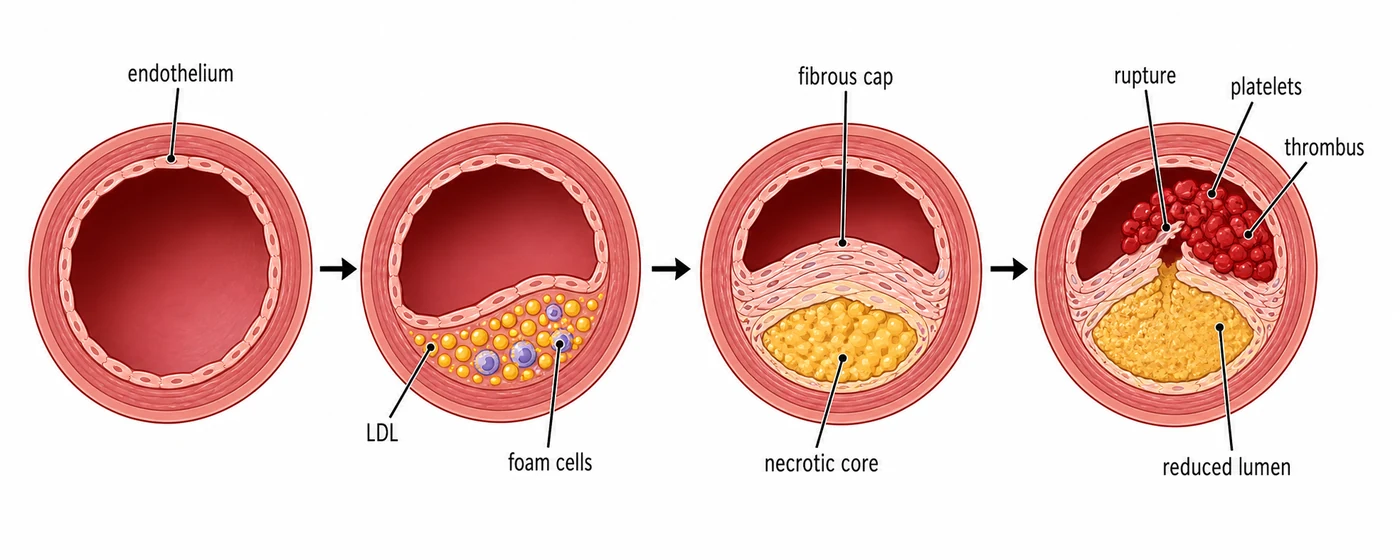 Formation and rupture of coronary atherosclerotic plaques