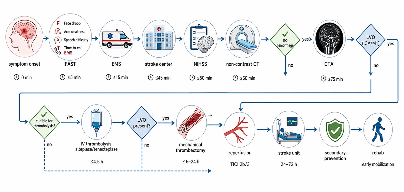 Acute ischemic stroke pathway from onset to thrombolysis and thrombectomy