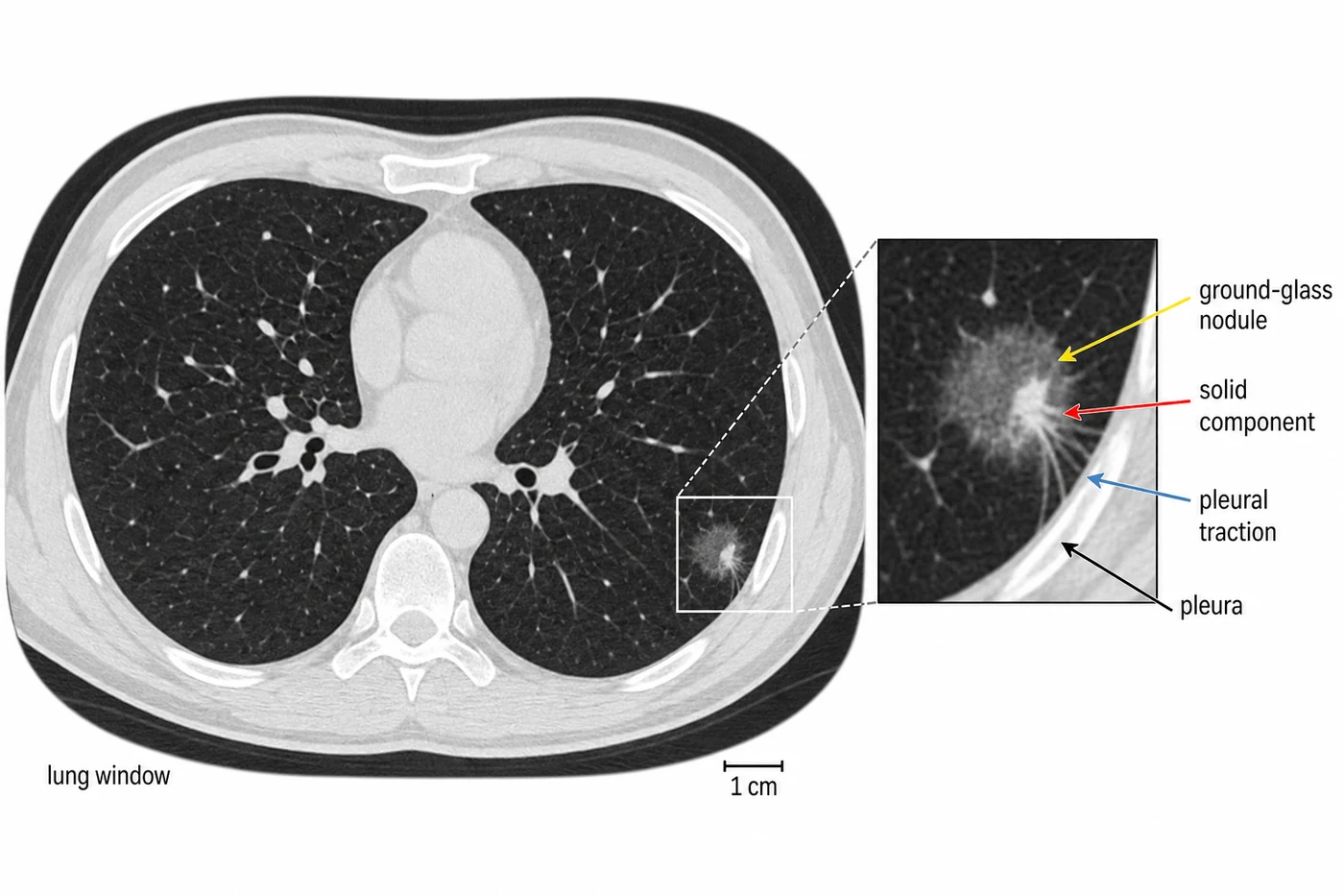 Chest CT annotation of ground-glass nodule, solid component, and pleural traction