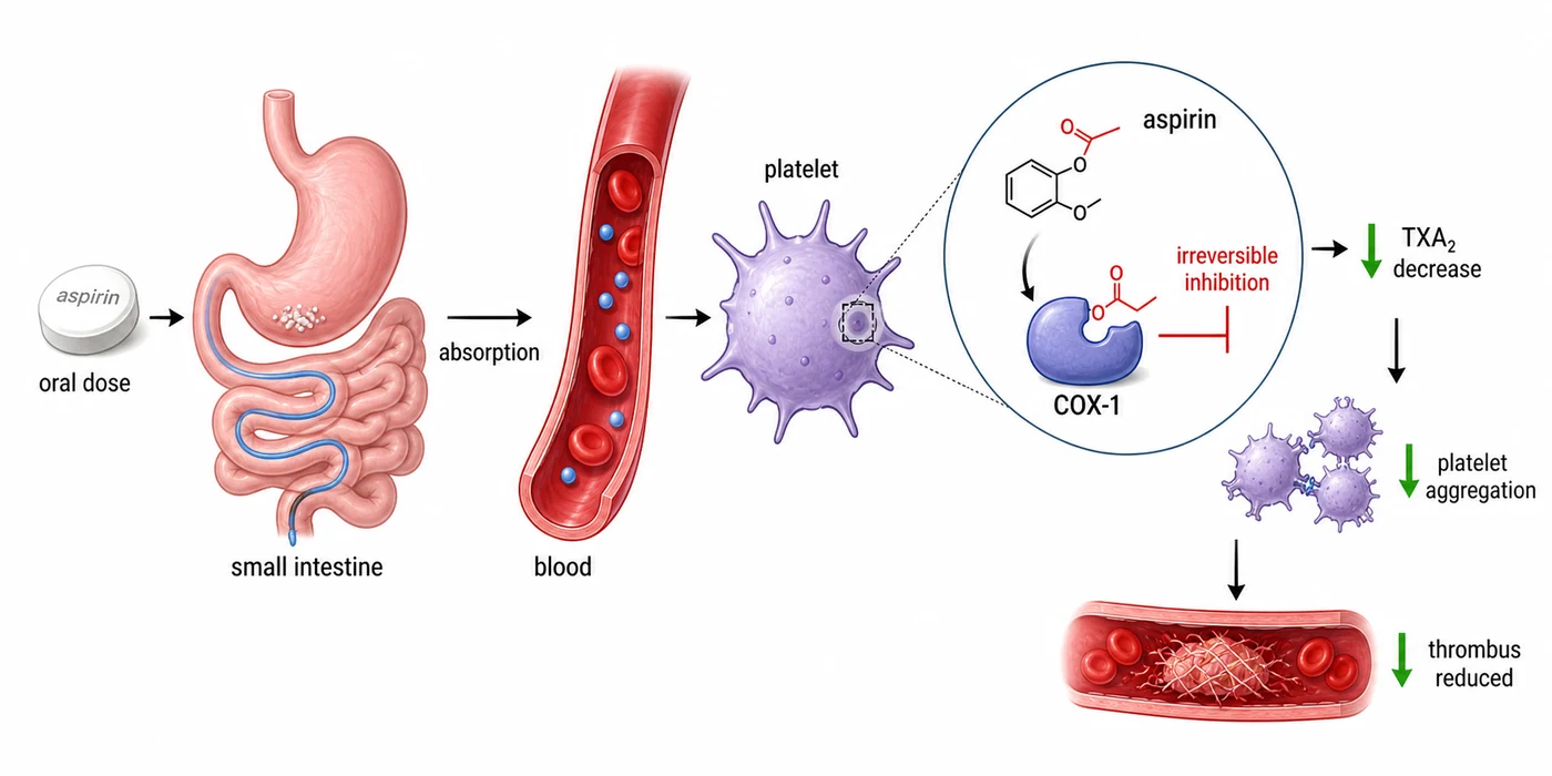 Aspirin absorption and COX-1 inhibition leading to antiplatelet effects