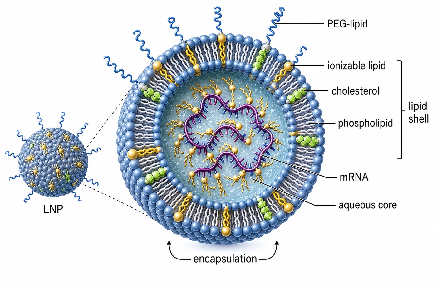 Lipid nanoparticle core-shell structure encapsulating mRNA