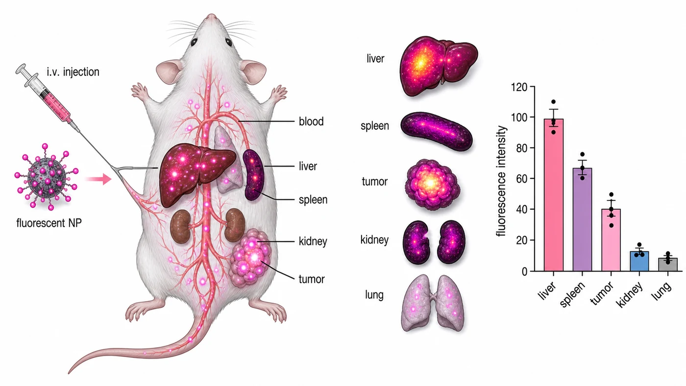 Fluorescent nanoparticles distributed across liver, spleen, and tumor tissue