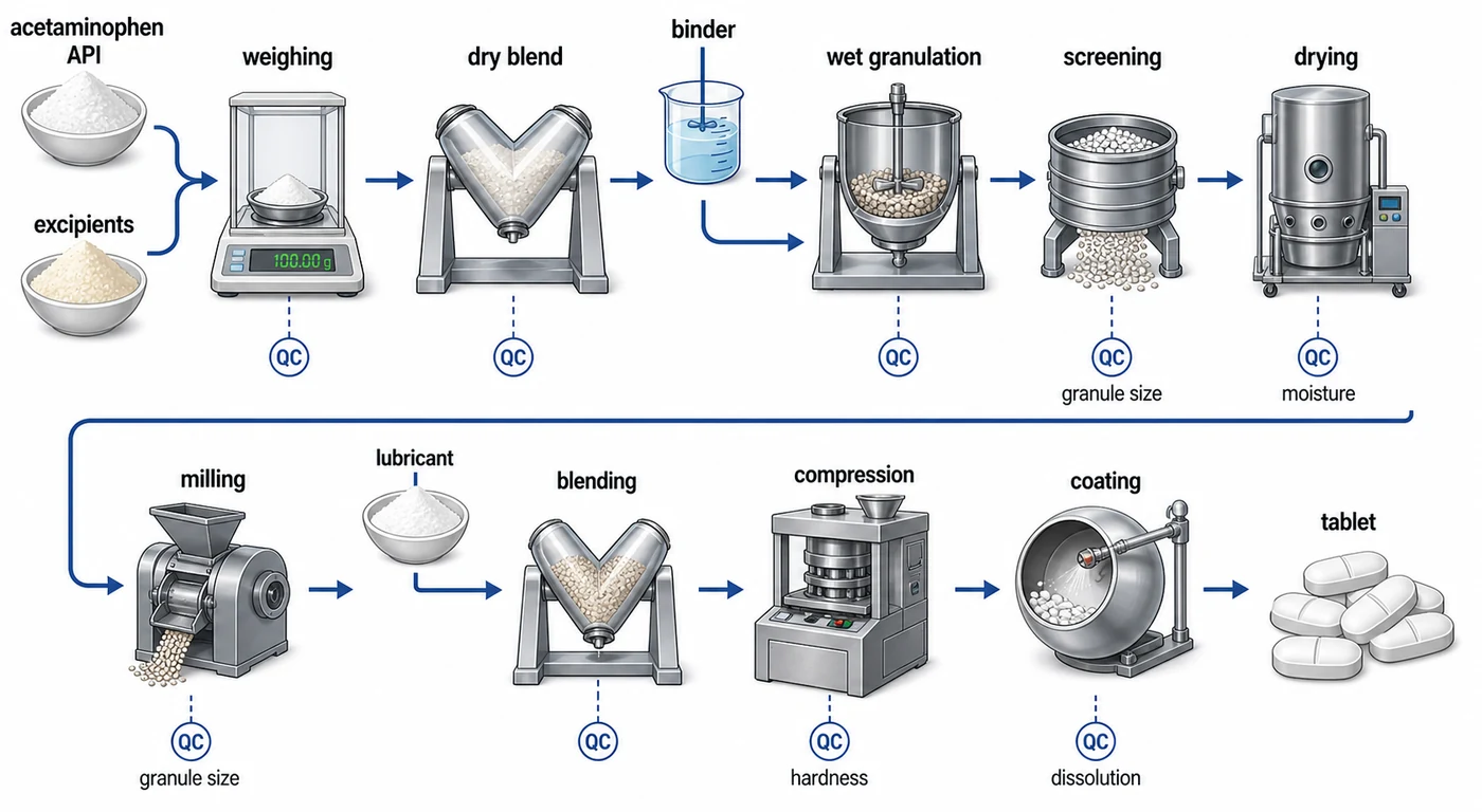 Wet granulation process for acetaminophen tablet manufacturing