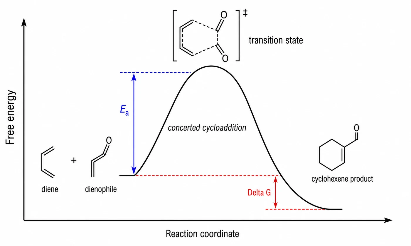 Diels-Alder reaction energy profile from reactants to transition state and product