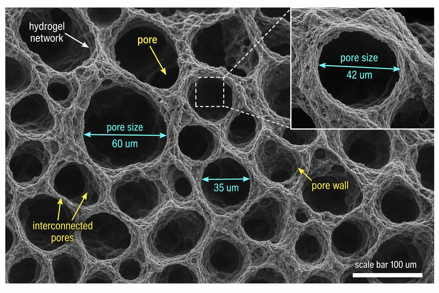 SEM annotation of pore size in a hydrogel porous network