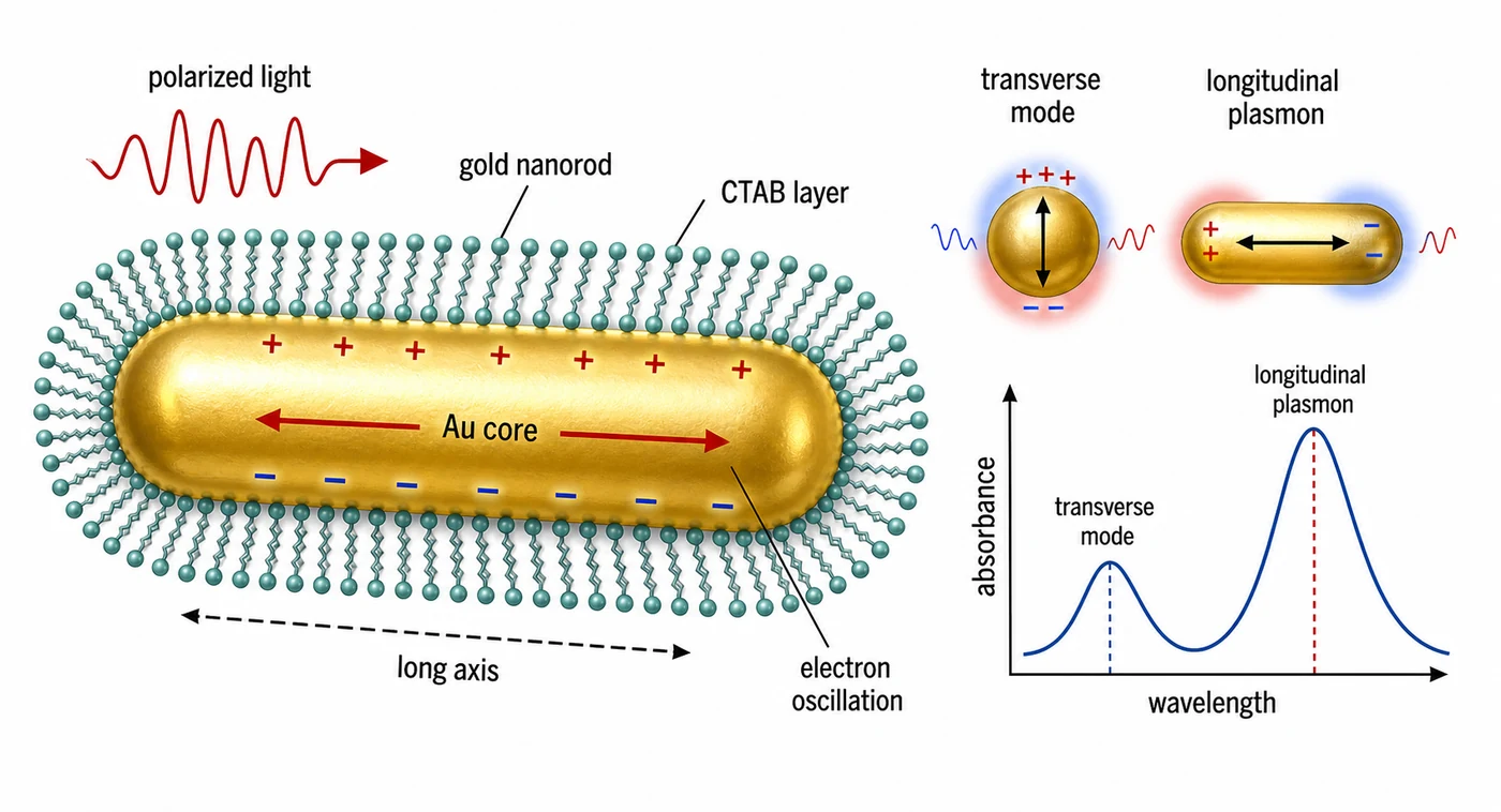 Gold nanorod core, CTAB ligand layer, and longitudinal plasmon resonance
