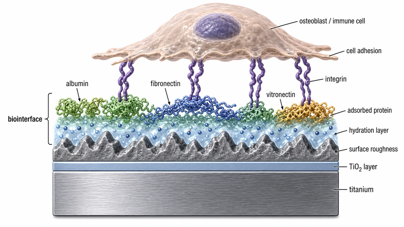 Protein adsorption on a titanium implant surface forming a biointerface