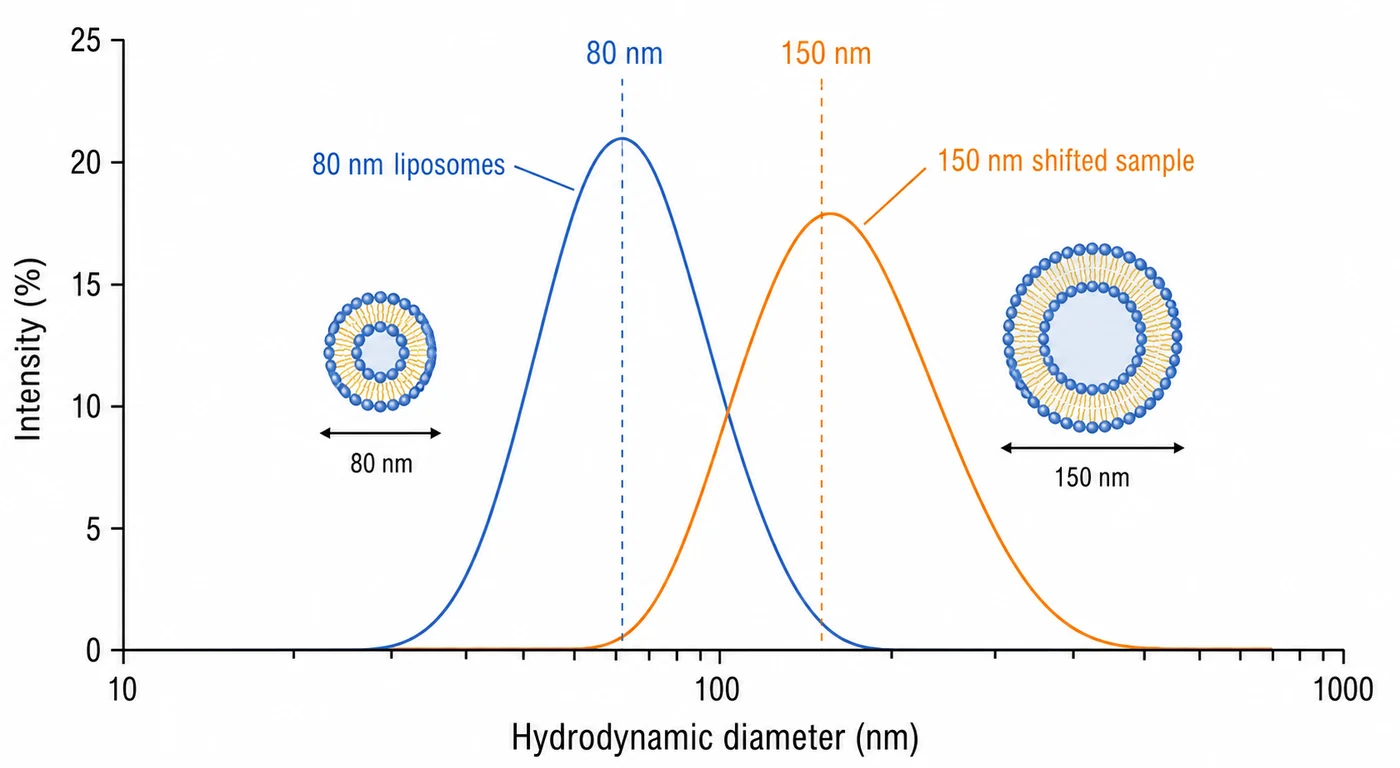 DLS distribution of liposomes shifting from 80 nm to 150 nm