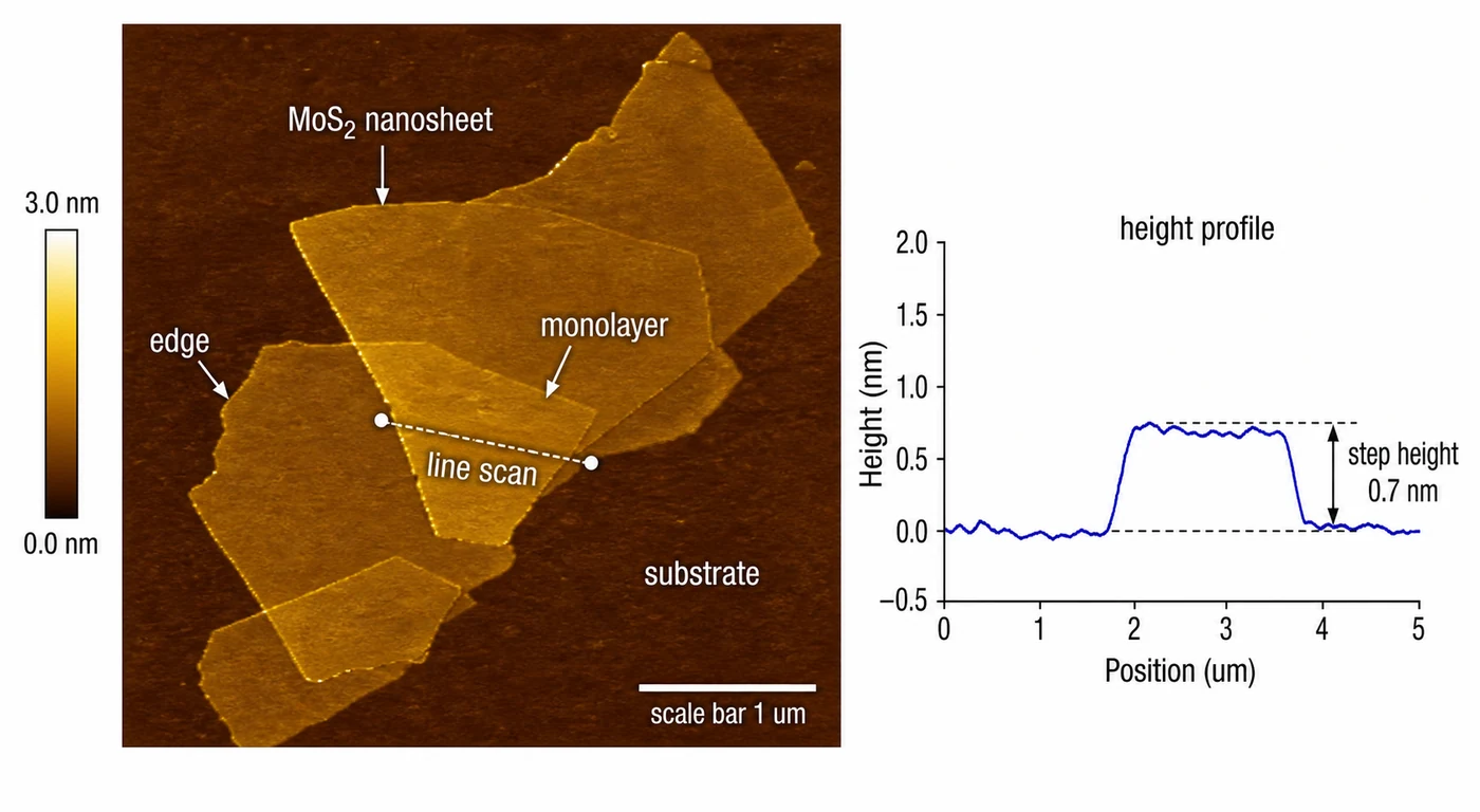 AFM annotation of step height in two-dimensional MoS2 nanosheets