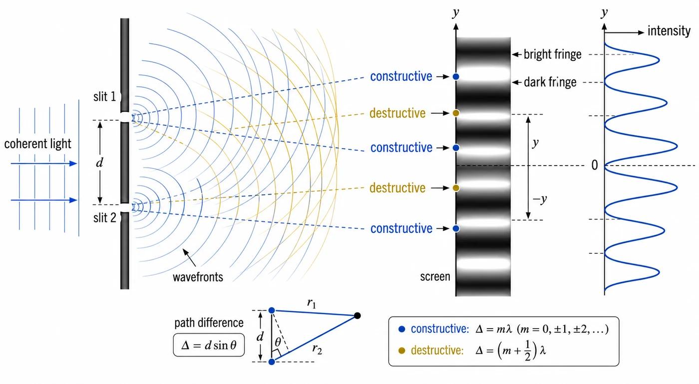 Double-slit interference wavefronts producing bright and dark fringes