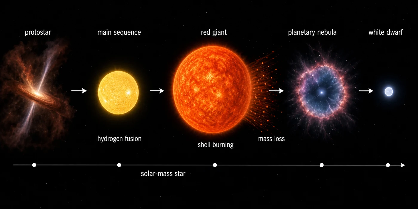 Solar-mass star evolving from main sequence to red giant and white dwarf