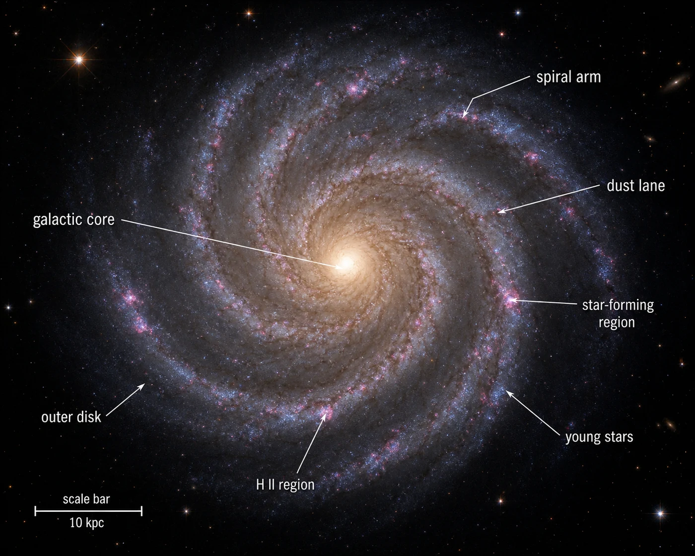 Hubble galaxy image annotated with spiral arms, core, and star-forming regions