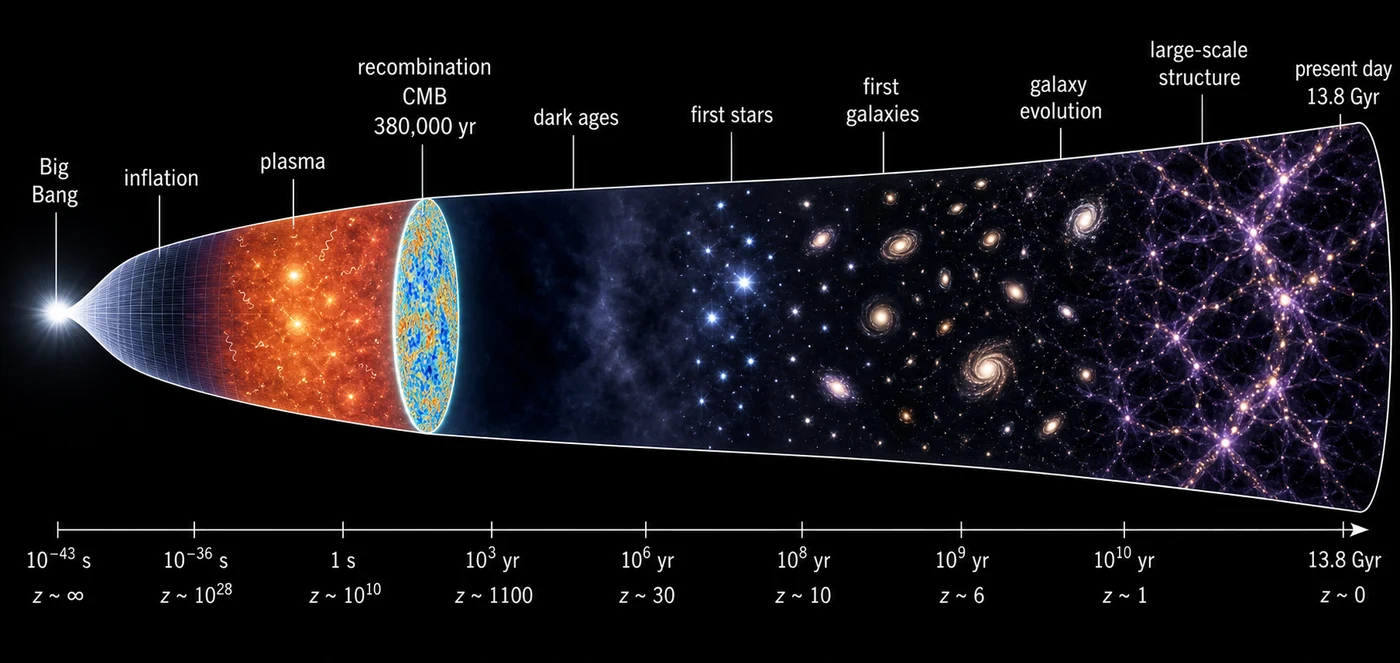 Timeline from the Big Bang and recombination to galaxy formation