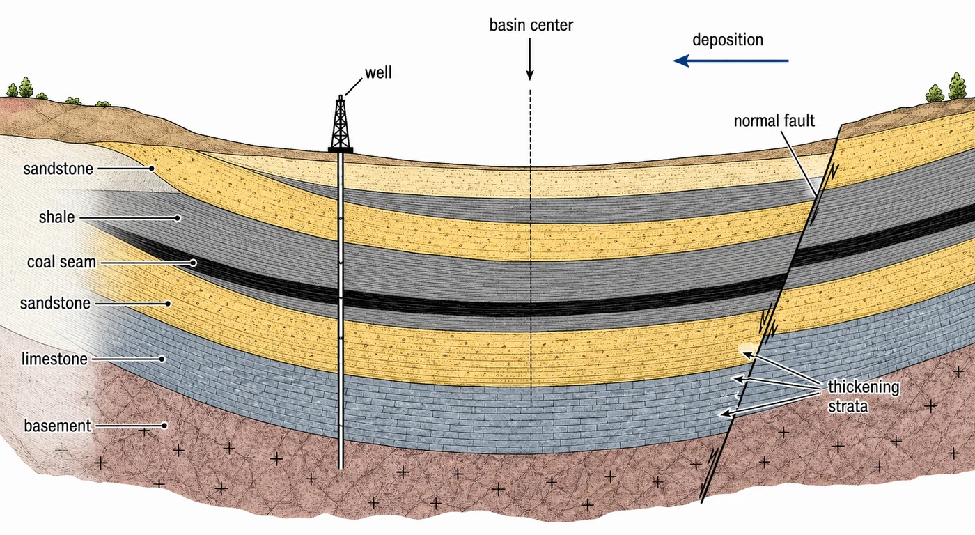 Sedimentary basin cross-section with sandstone, shale, and coal layers