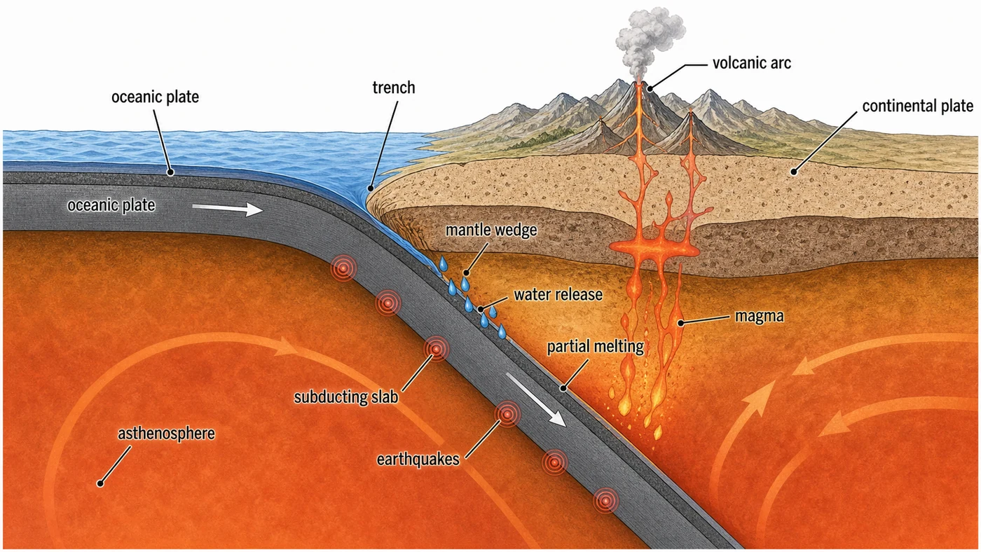 Oceanic plate subduction forming a volcanic arc and trench