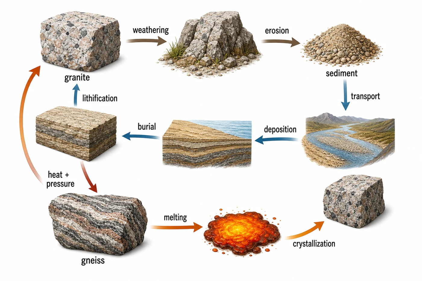 Granite weathering into sediment and metamorphism into gneiss