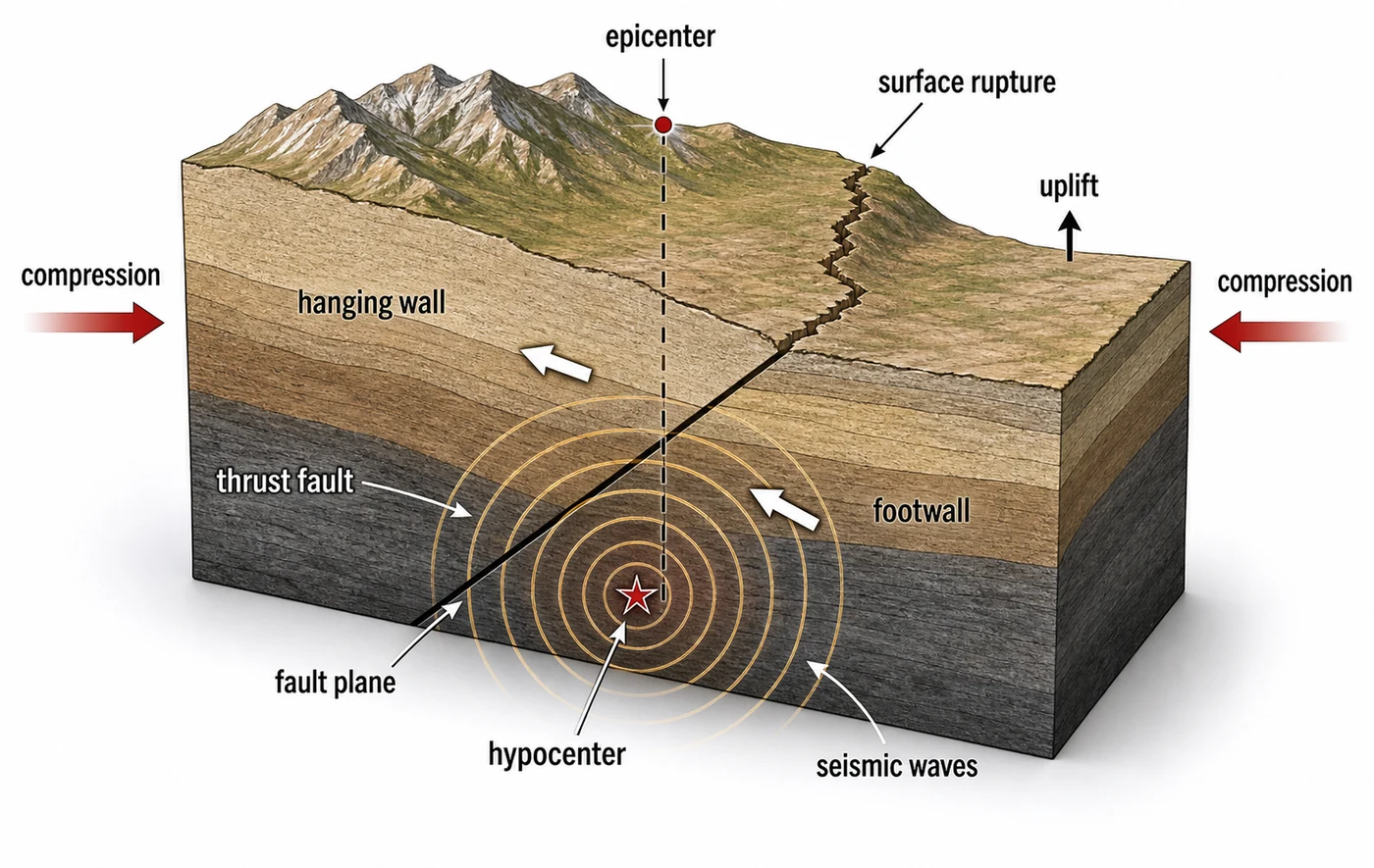 Thrust-fault earthquake showing hypocenter, fault plane, and surface rupture