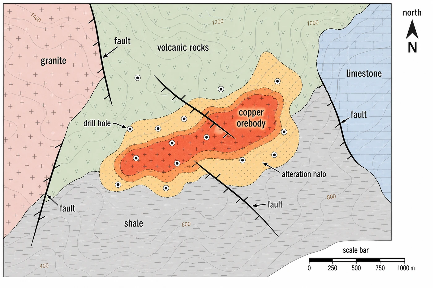 Copper orebody, faults, and host rocks in a mining district
