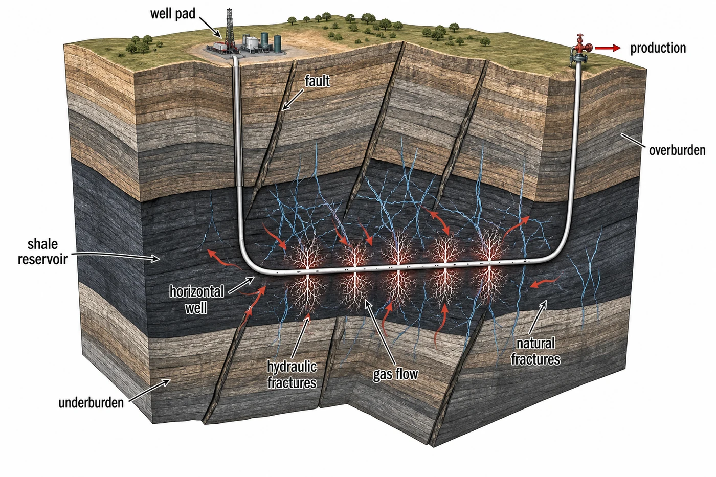 Shale gas reservoir model with faults and fracture networks