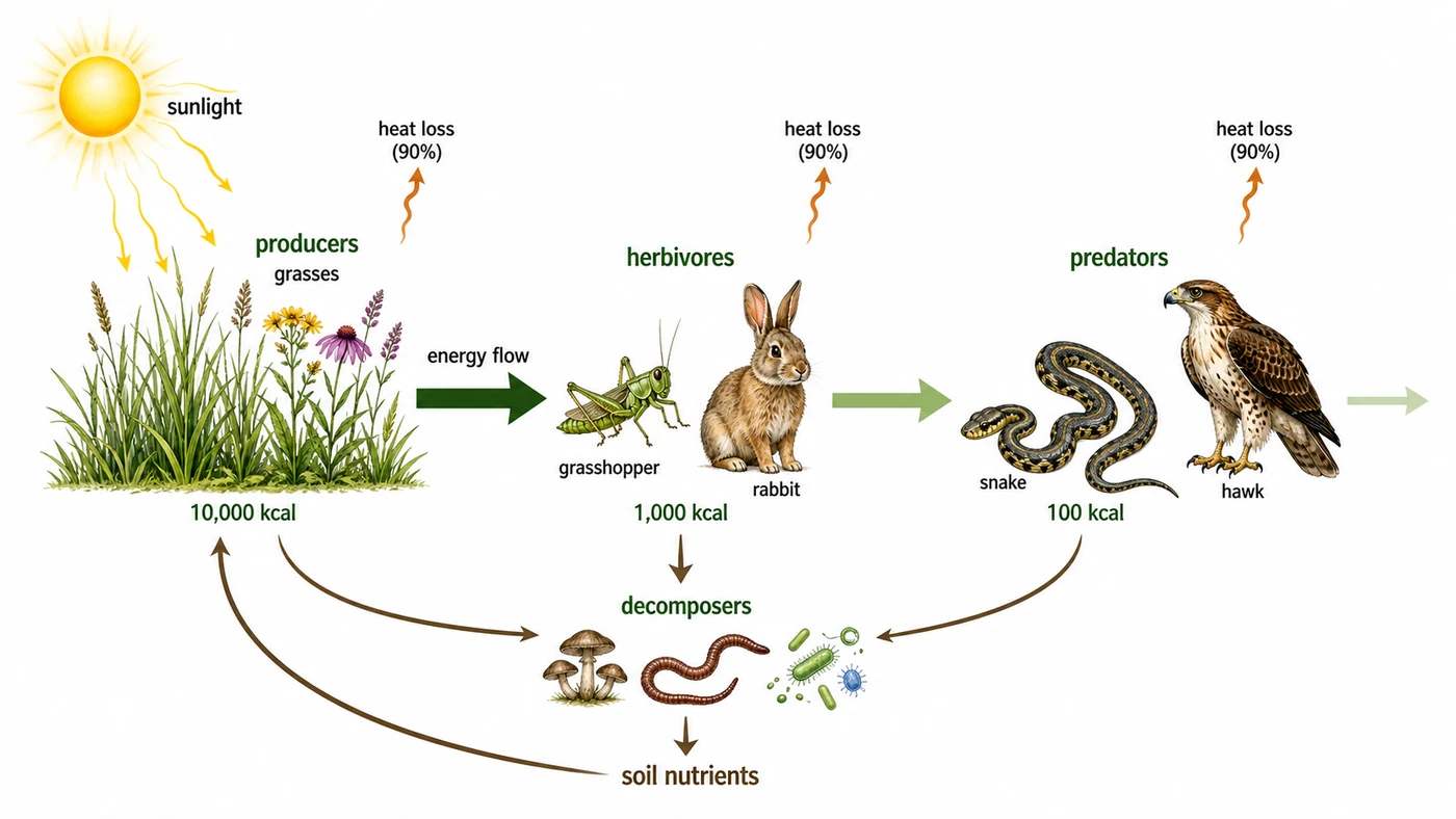 Grassland energy flow from sunlight to plants, herbivores, and predators