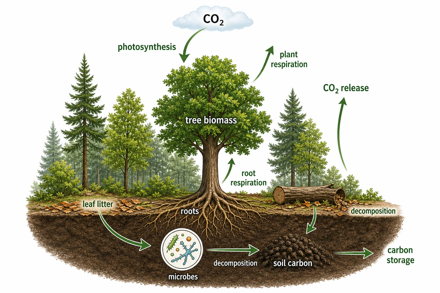 Forest carbon cycle with photosynthesis, respiration, and soil carbon storage