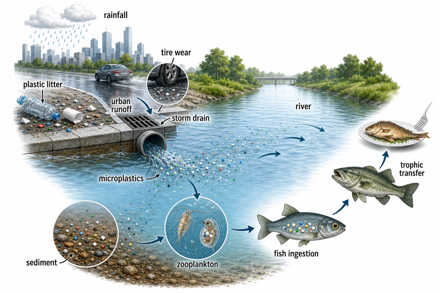 Microplastics moving from urban runoff into rivers and fish ingestion