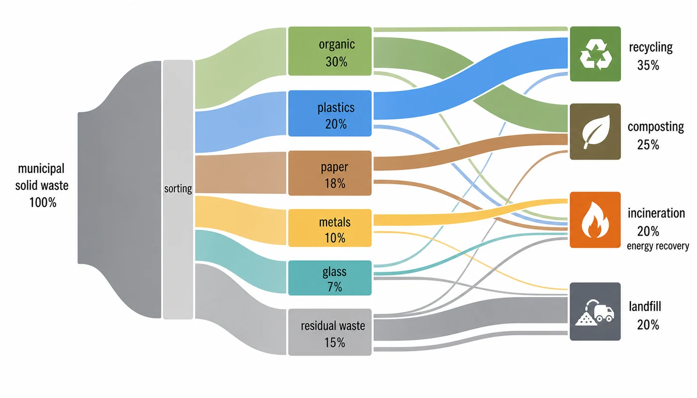 Municipal solid waste flow from generation and sorting to incineration and landfill