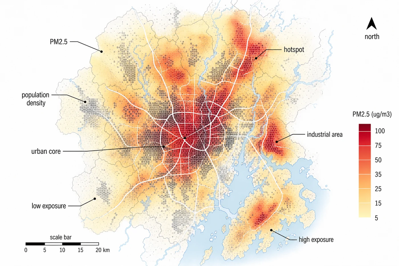 PM2.5 concentration overlaid with population density