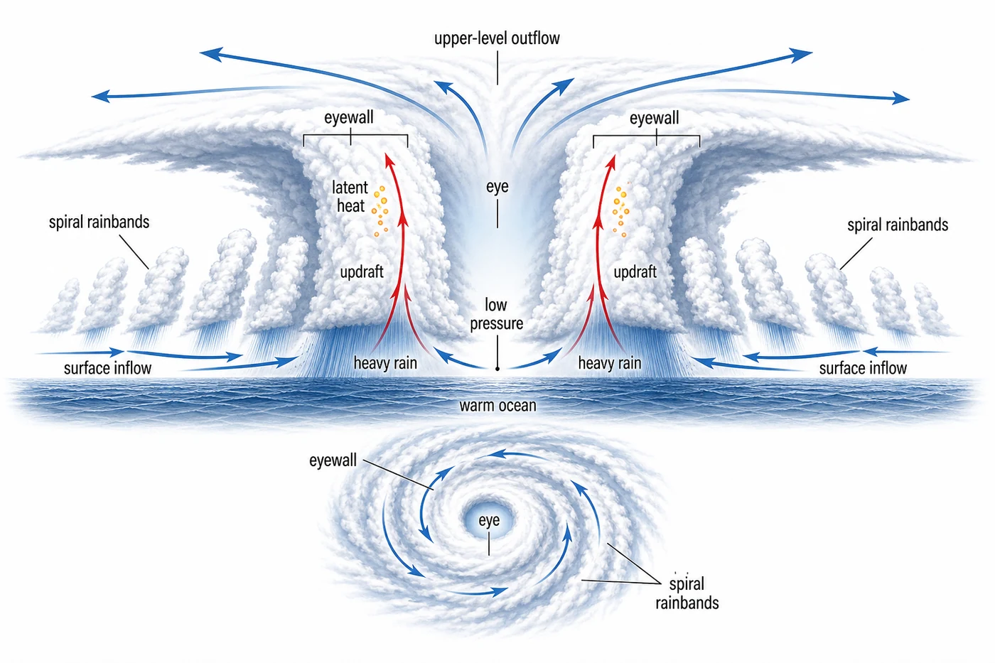 Typhoon eye wall, spiral rainbands, and upper-level outflow cross-section