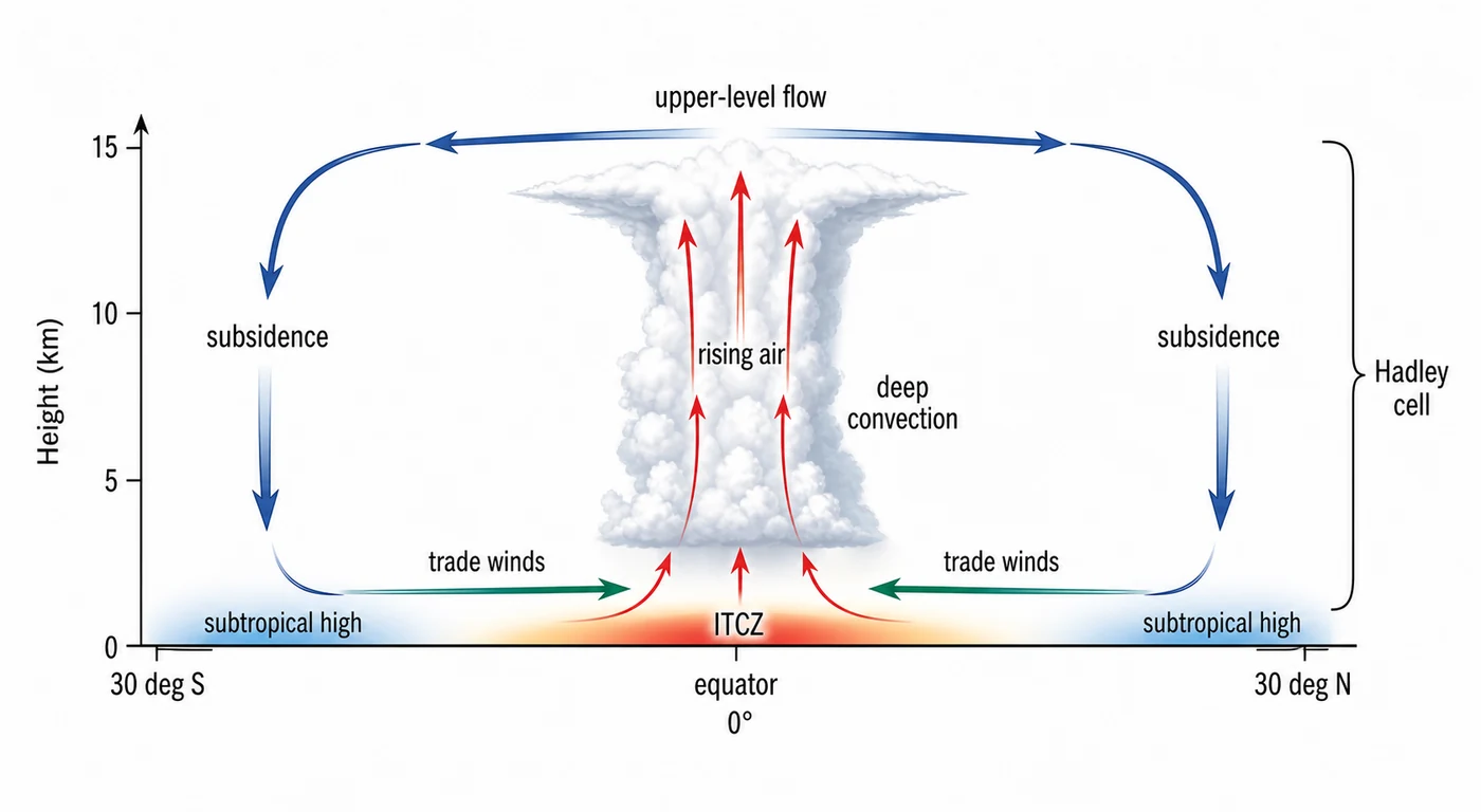 Hadley circulation with equatorial rising air and subtropical subsidence