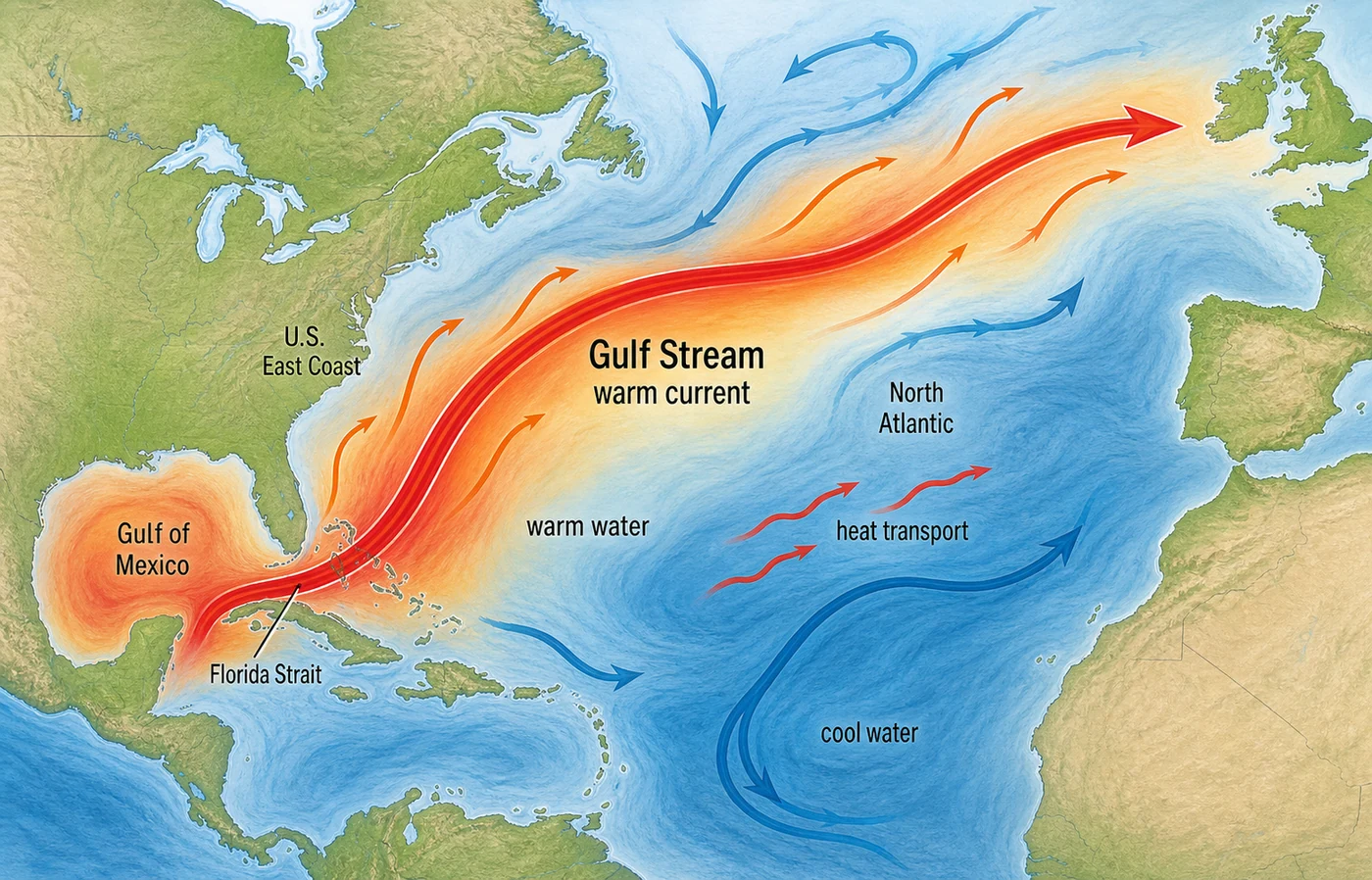 Gulf Stream warm current flowing from the Gulf of Mexico to the North Atlantic