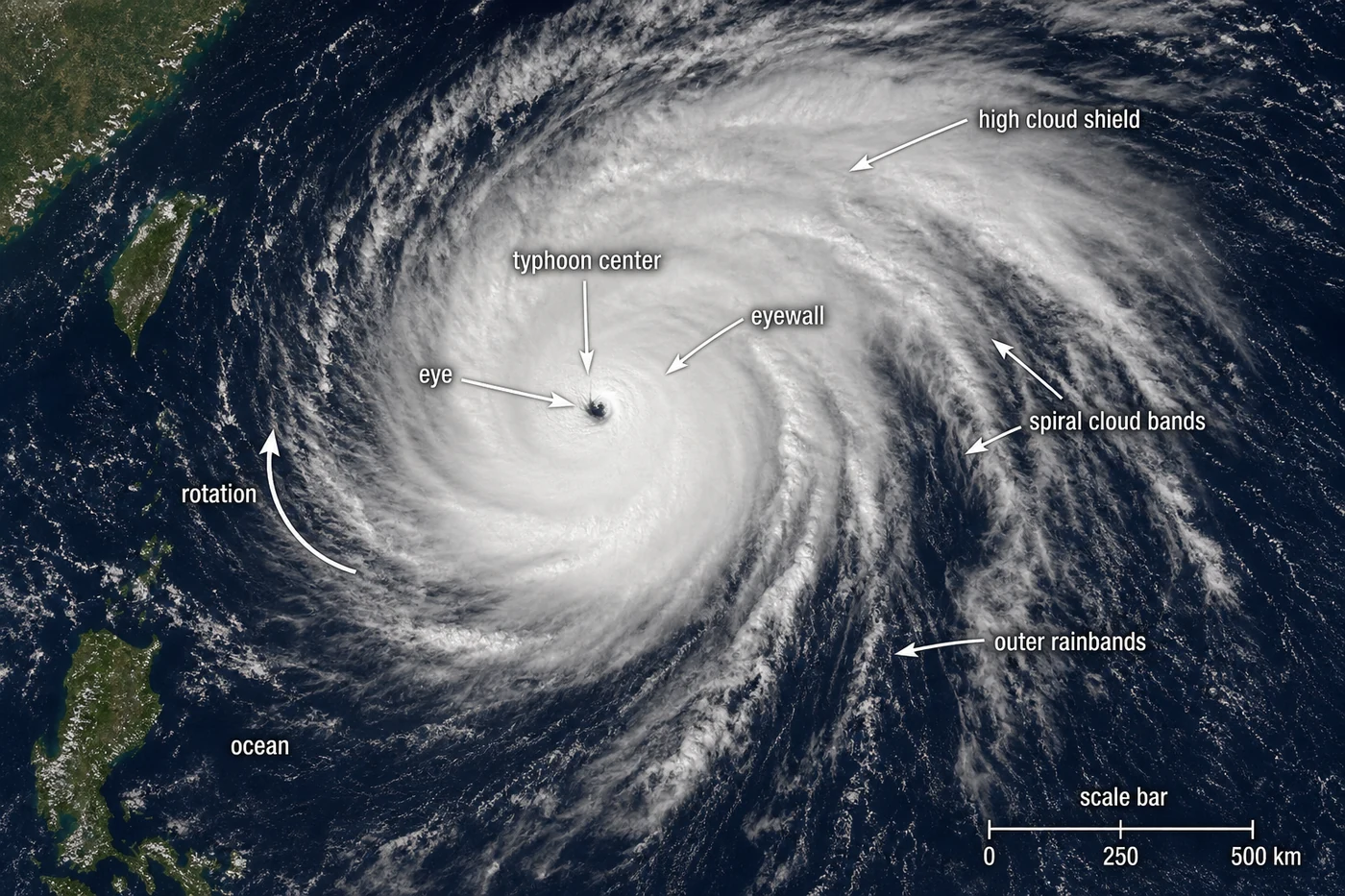 Satellite cloud image identifying typhoon center and cloud bands