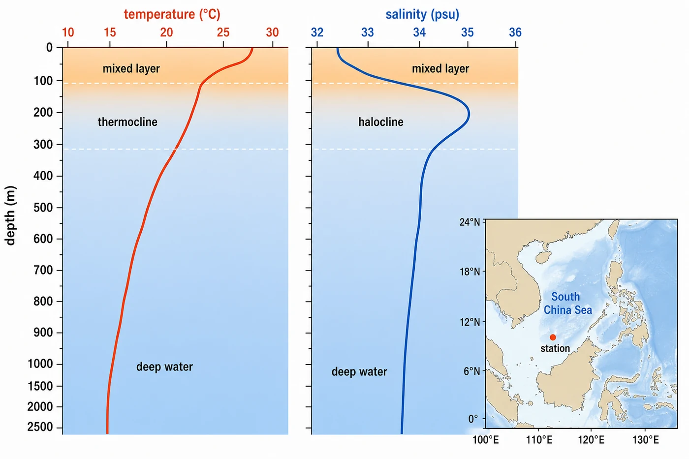 South China Sea temperature-salinity profile showing thermocline and halocline