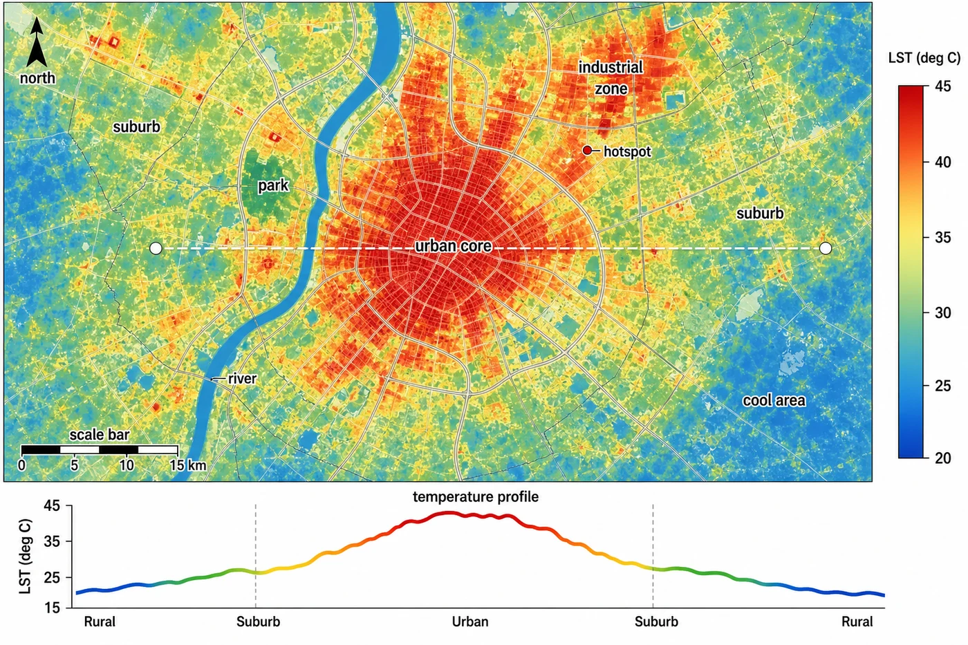 Urban heat island land-surface temperature heatmap