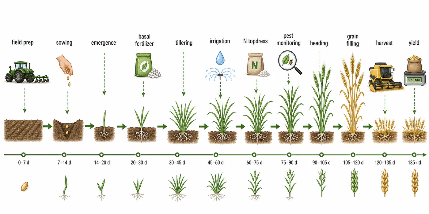 Wheat management workflow from sowing and fertilization to irrigation and harvest