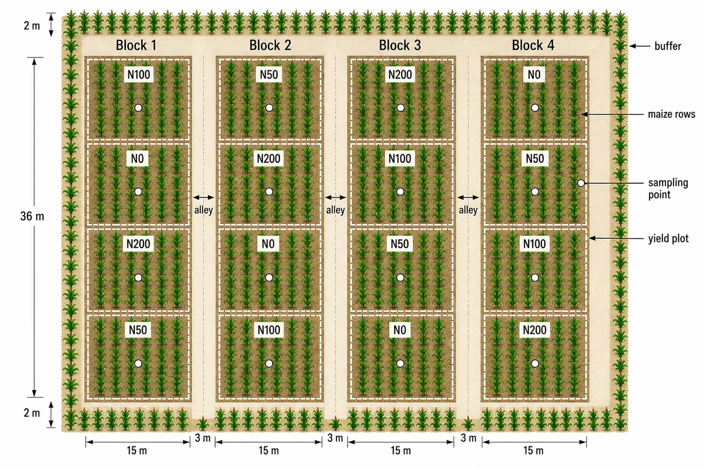 Randomized block field trial of nitrogen fertilizer gradients in maize