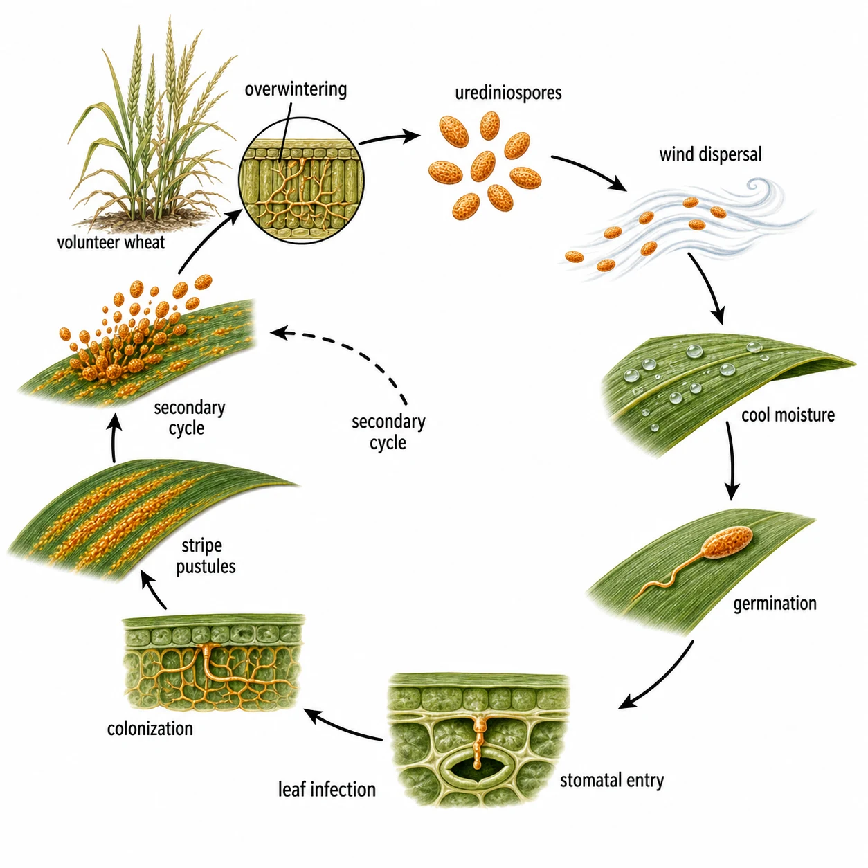 Wheat stripe rust overwintering, spread, and infection cycle