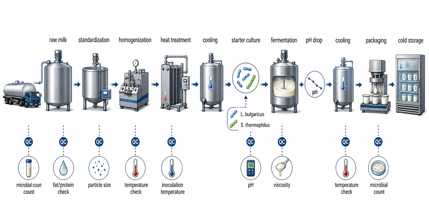 Yogurt production from milk standardization and sterilization to inoculation, fermentation, and cold storage