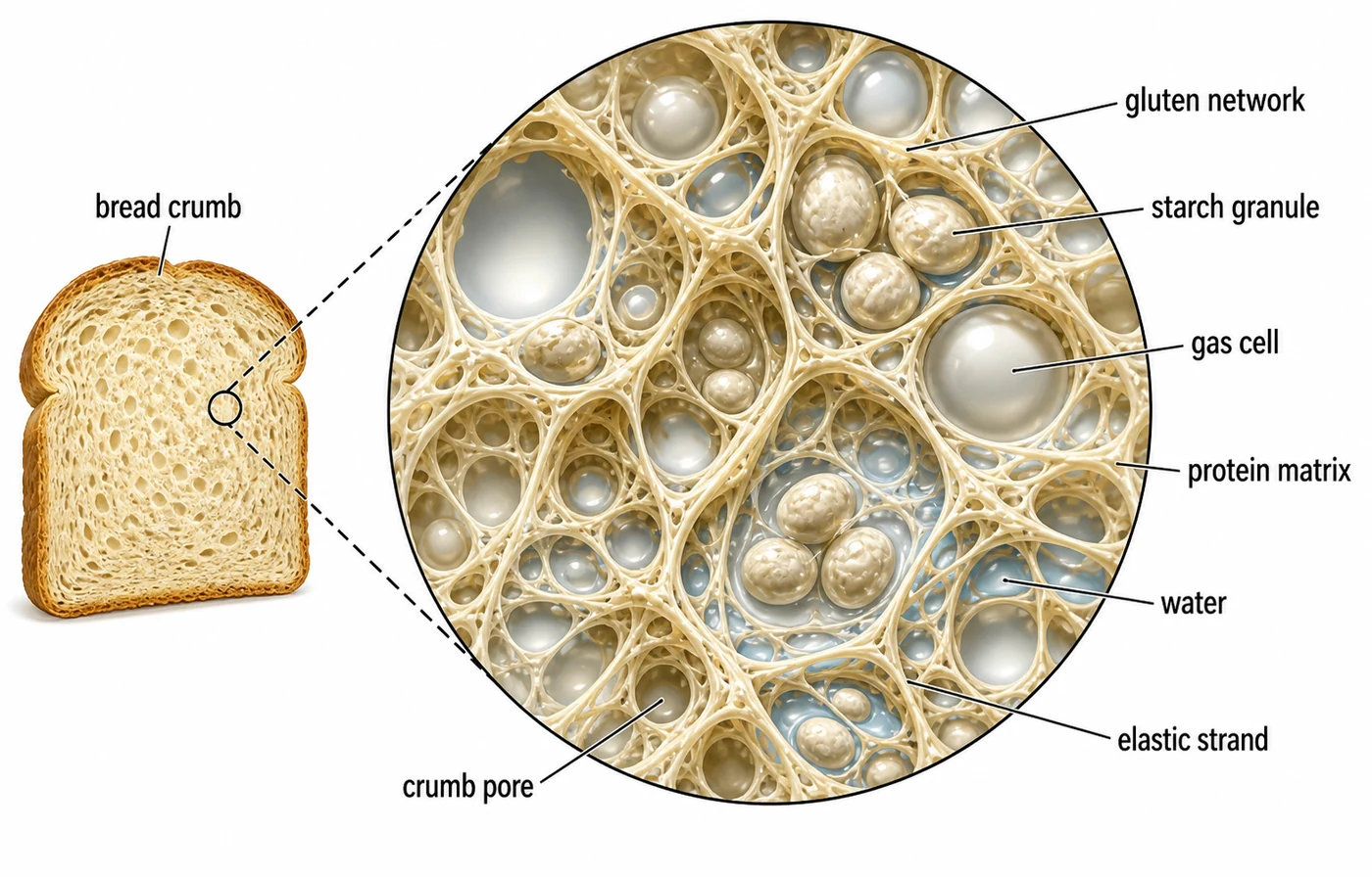 Bread gluten network surrounding starch granules