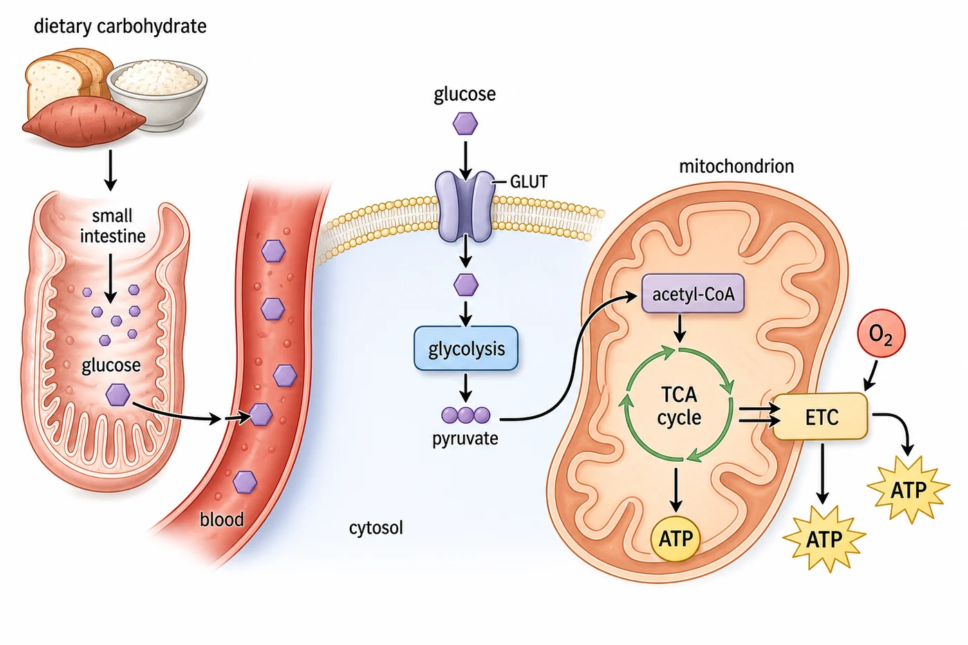 Dietary glucose generating ATP through glycolysis and the TCA cycle