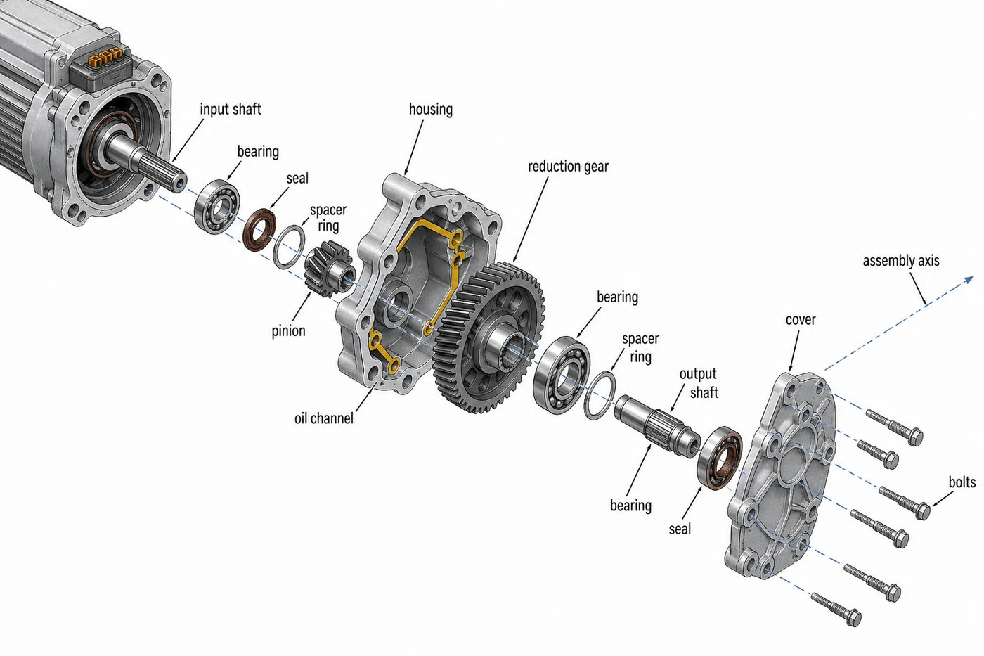 Exploded view of an electric vehicle reduction gearbox